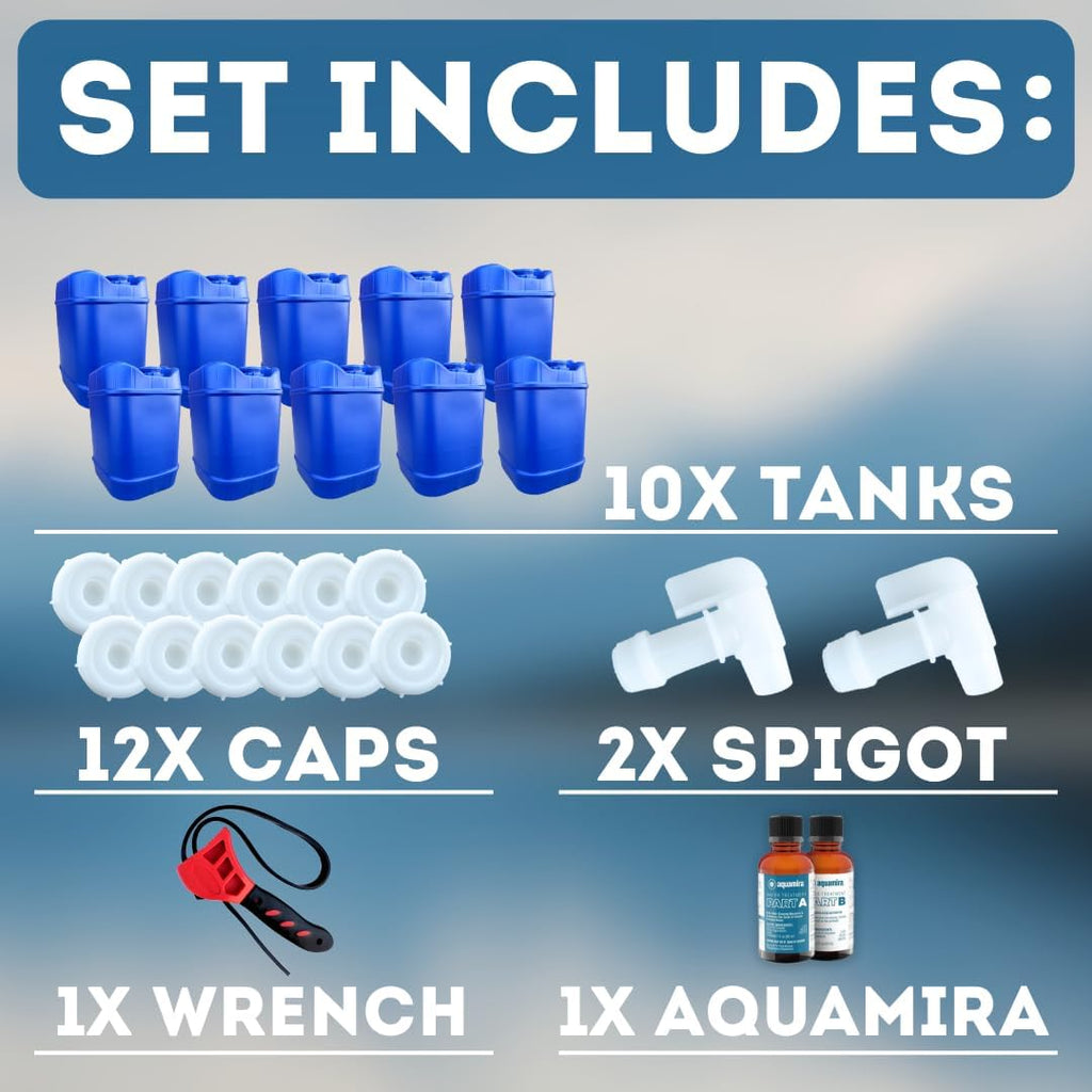 5-Gallon Stackable Water Storage Containers, Water Treatment,5 Gallons Each w/Lids + Spigot, Easy Fill, Survial Supply Emergency Water Storage for Disaster Preparedness, 50 Gallon (10 Tanks)