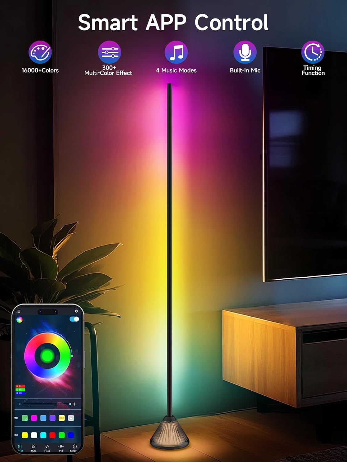 Corner Floor Lamp, Smart RGB LED Corner Lamp with App & Remote Control, Music Sync, Scene Modes, Modern Ambient Lighting Floor Lamp for Living Room, Bedroom, Gaming Room Decor