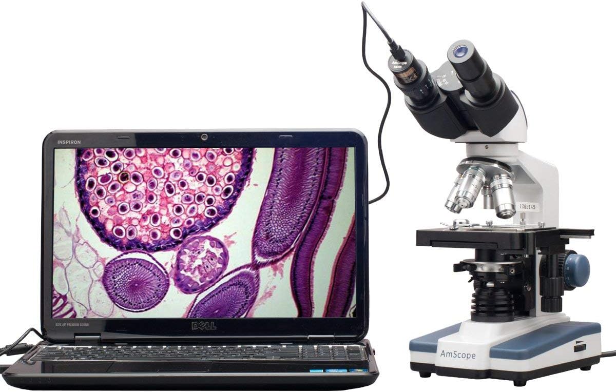 AmScope B120 Series Student & Professional LED Binocular Compound Microscope - 40X-2500X Magnification - Includes 1MP USB Camera & Siedentopf Head