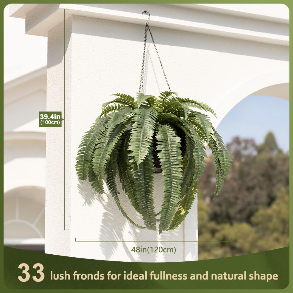48" Artificial Boston Fern Hanging Plants with Basket - UV Resistant Fake Plant for Outdoor Indoor - Large Realistic Faux Greenery for Front Porch, Front Door, Patio Decor, Set of 1, VN142