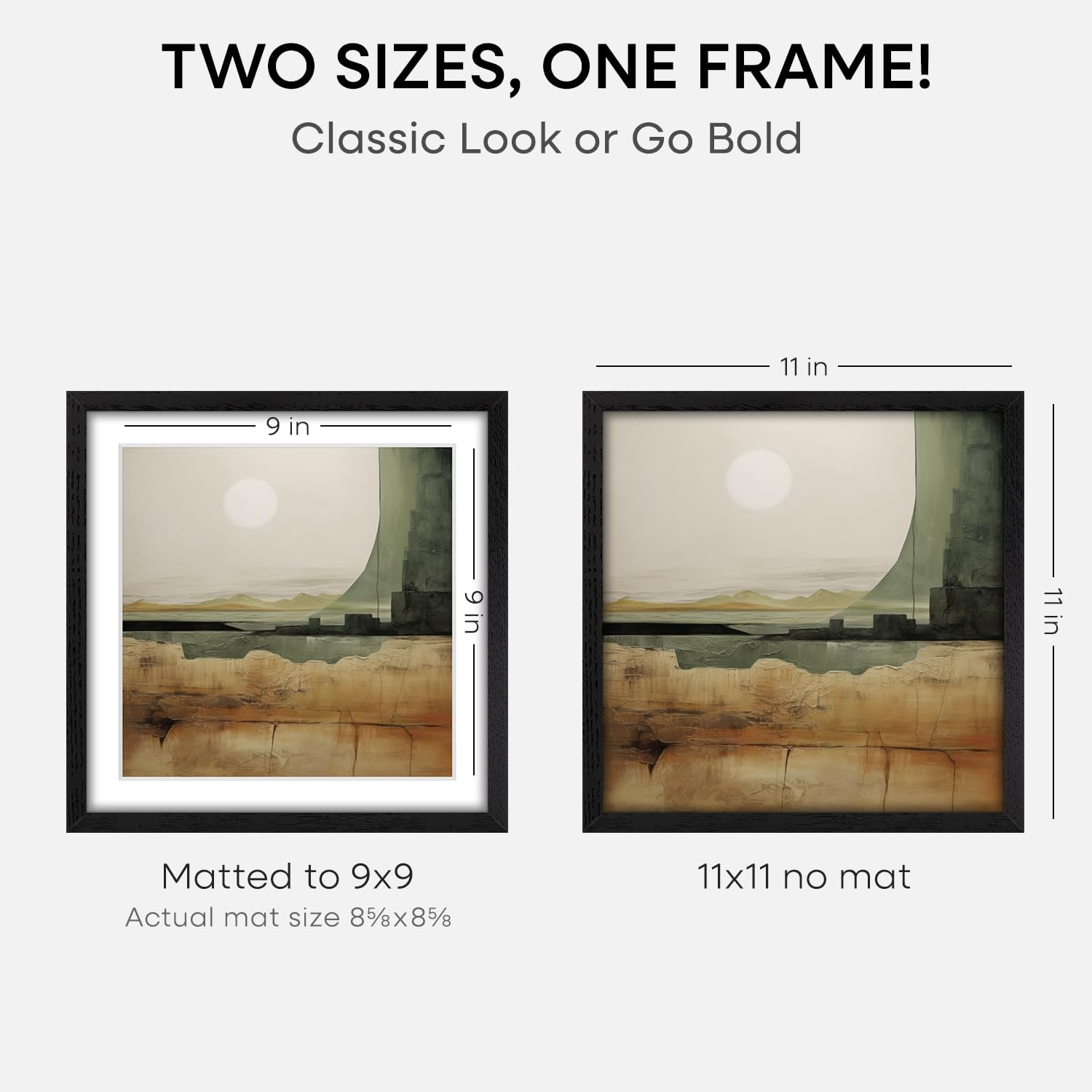 Homeforia 11x11 Black Wood Frame, High-End Oak 11 x 11 Square Picture Frames with Mat 9 by 9 inch Photo, 11by11 Wooden Frame Matted to 9x9 Art, Wall Hanging Frames, Tempered Glass, Wall Kit, Set of 3