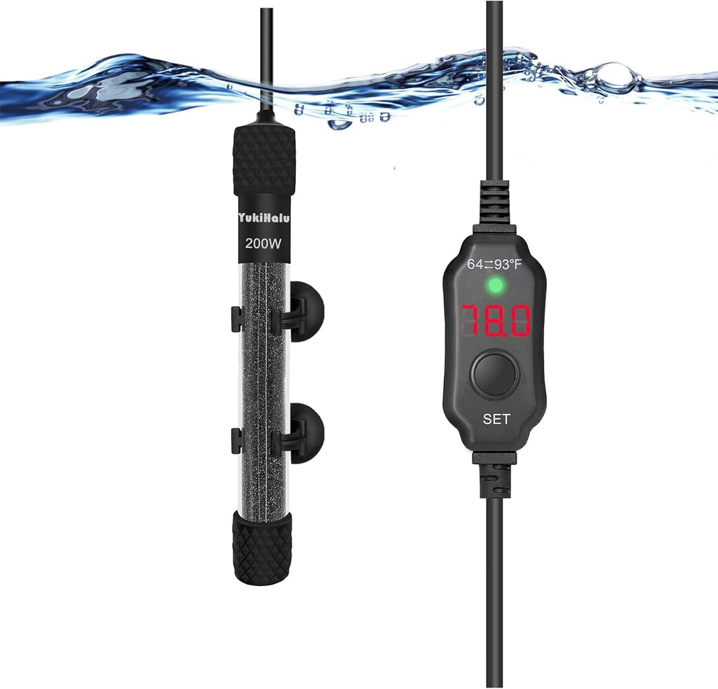 YukiHalu Submersible Aquarium Heater 100W 150W 200W, Adjustable Mini Fish Tank Heater, Small Size, Overheating Protection, External Controller, Used for 0.5-40 Gallons(200W)