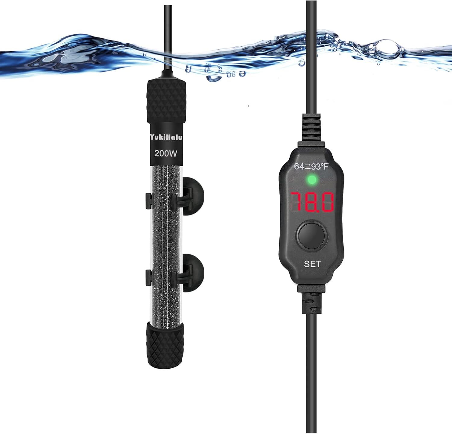 YukiHalu Submersible Aquarium Heater 100W 150W 200W, Adjustable Mini Fish Tank Heater, Small Size, Overheating Protection, External Controller, Used for 0.5-40 Gallons(200W)