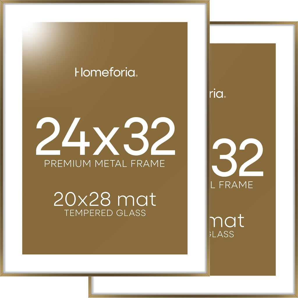 Homeforia 24x32 Picture Frame Bronze, High End Metal 24 x 32 Large Poster Frames with Mat 20 by 28 Photo, 24x32 Brass Frame Matted to 20x28 Print, 32x24 Thin Frames, Tempered Glass, Wall Kit, Set of 2