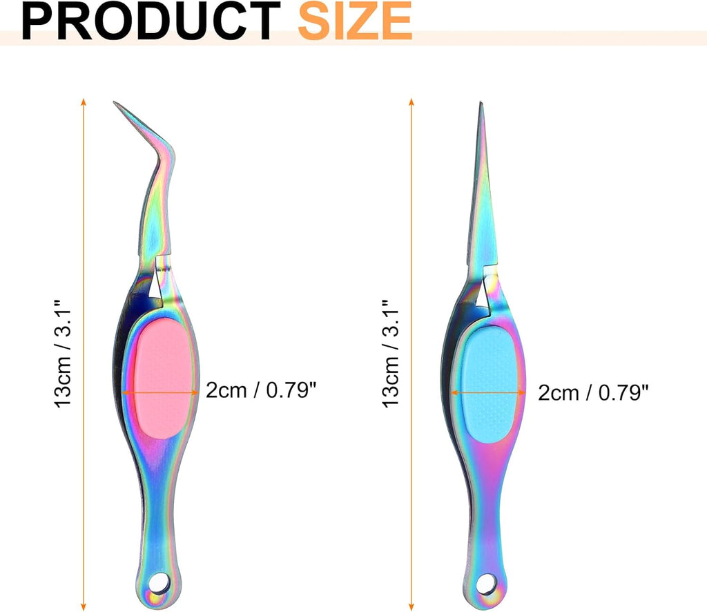 HARFINGTON 2pcs Craft Tweezers Precision Crossing Lock Curved Straight Stainless Steel Soft Reverse Grip Fine Tip Tweezers for DIY Craft Jewelry Beading Electronics, Rainbow Pink Blue