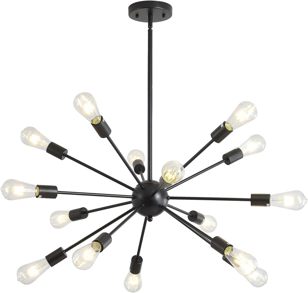 Mid-Century Sputnik Chandeliers 15-Lights, Modern Semi Flush Mount Ceiling Light Fixture Industrial Retro Hanging Lamps for Kitchen Living Room Dining Bedroom Corridor, Black（Bulb Not Included）