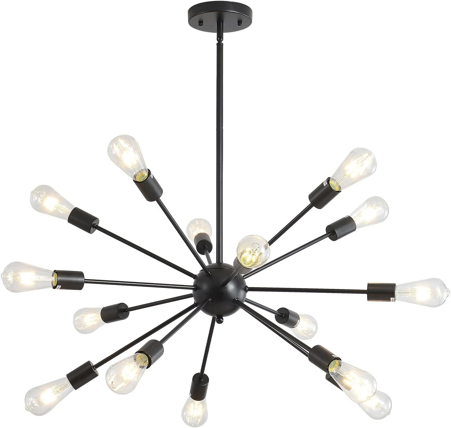 Mid-Century Sputnik Chandeliers 15-Lights, Modern Semi Flush Mount Ceiling Light Fixture Industrial Retro Hanging Lamps for Kitchen Living Room Dining Bedroom Corridor, Black（Bulb Not Included）
