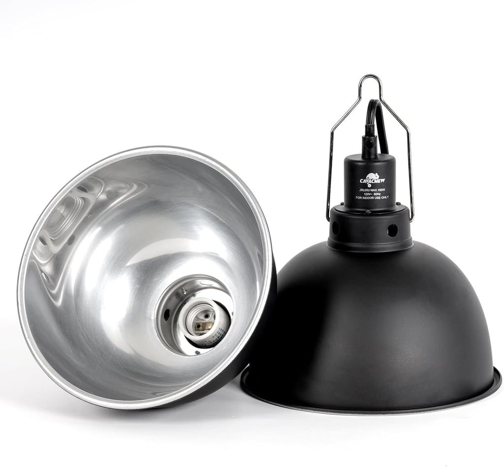 2 Pack Reptile Light Fixture, 8.5in Deep Dome Reptile Lamp Fixture, Optical Reflection Cover, Separate Switch & Hook, Terrarium Light Fixture for Reptile Heat Basking UVB Bulbs, 150W, Black