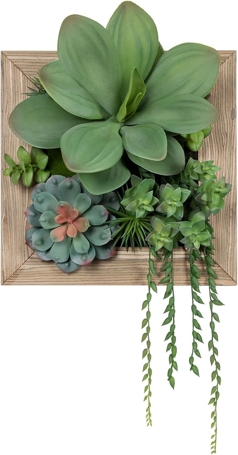 Artificial Succulent Wall Decor - Fake Hanging Succulents with Wood Plant Box, 3D Wooden Wall Decor Faux Hanging Plants Indoor Arrangement
