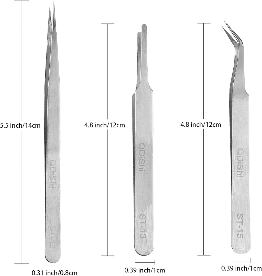 QDiShi Precision Tweezers Set,Upgraded Stainless Steel of Tweezers - Extra Fine,Angled,Blunt Tips for Electronics,Hobby, Industrial,Laboratory Work,Jewelry-Making,Model,Craft（3Pcs）