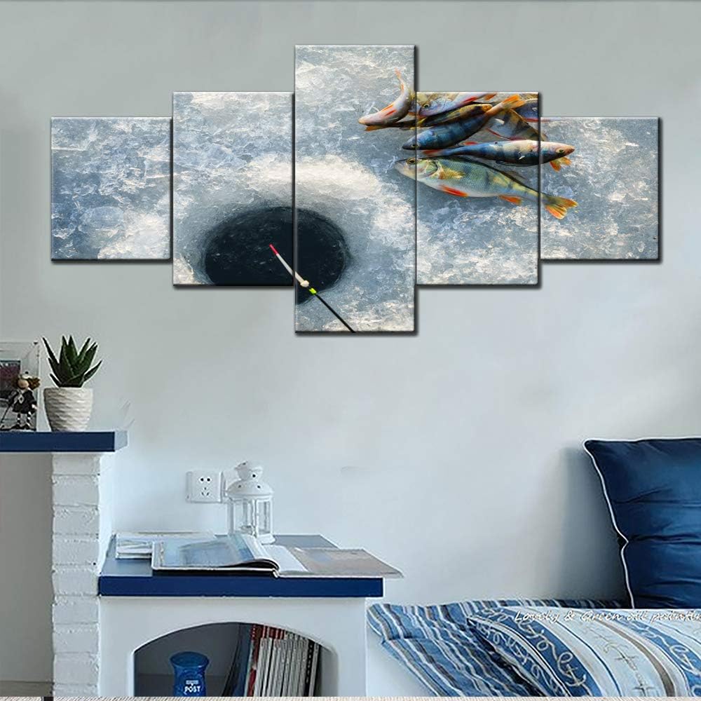 Canvas Pictures Caught Fish on Ice Fishing Wall Art for Living Room 5 Panel White Artwork Modular Abstract Paintings Modern Home Decor Wooden Framed Ready to Hang Posters and Prints(50''W x 24''H)