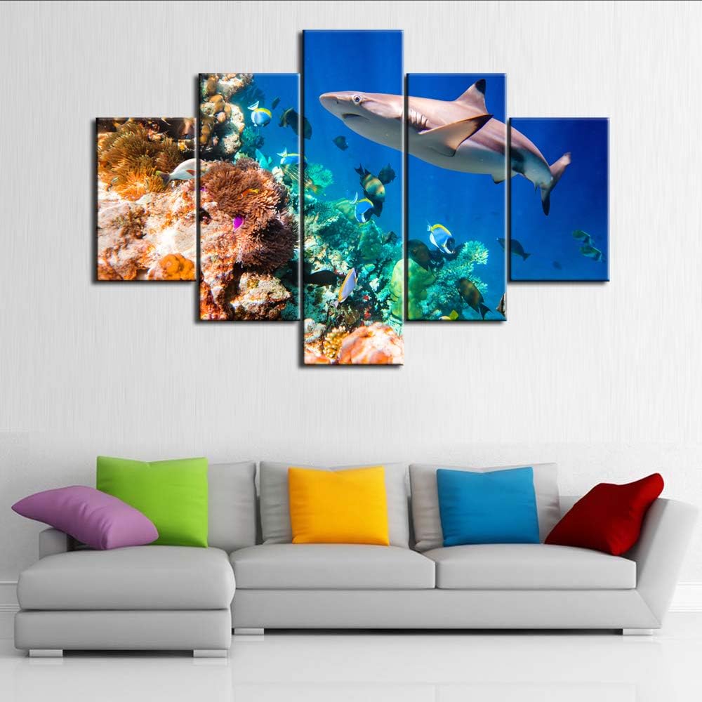 Shark Artwork for Walls Underwater World Picture Tropical Fishes Painting Multi Panel Prints Canvas Coral Reef Wall Art Home Modern Decor Stretched and Framed Ready to Hang in Living Room(60''Wx40''H)