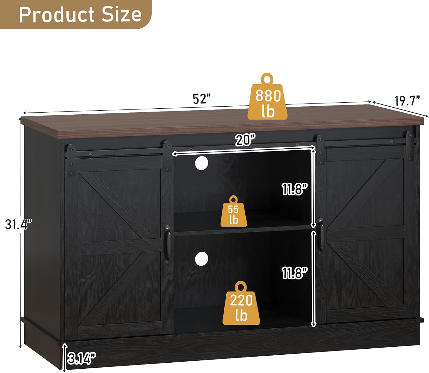 Farmhouse 55-75 Gallon Fish Tank Stand with Power Outlet, Aquarium Stand w/Cabinet&Sliding Barn Door, Heavy Duty Reptile Tank Stand for Fish/Turtle/Reptile Terrarium, 880LBS Capacity, Black