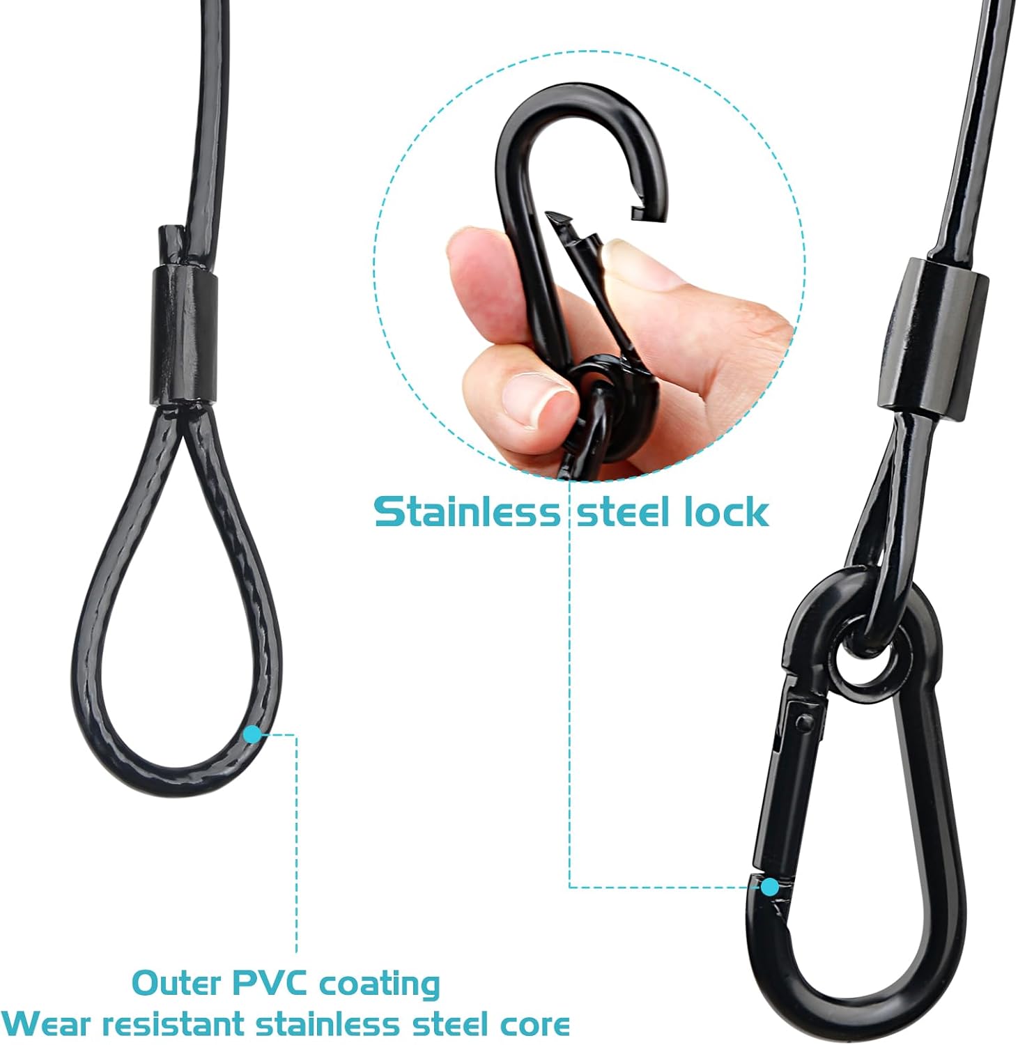 Lighting Safety Cable with Loops(6-Pack), 25kg Load Stage Light Safety Cable Black Security Chain Hanging on Trusses, Stainless Steel Lanyard（Diameter 2mm/0.08in, Length 30cm/11.82in)