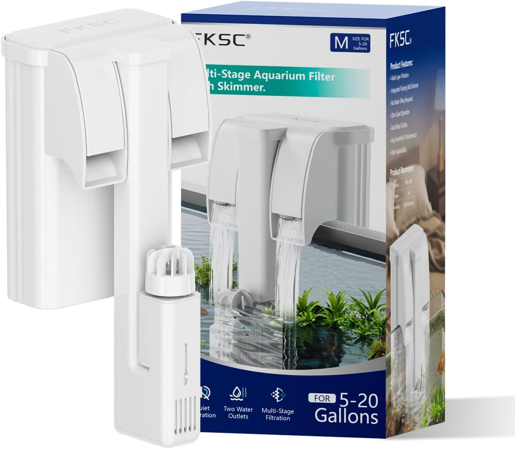 Hang On Back Aquarium Filter for 5–20 Gallons Fish Tanks, 3-Stage Multi-Stage Filtration with Surface Skimmer, Ultra Quiet HOB Power Waterfall Filter for Freshwater