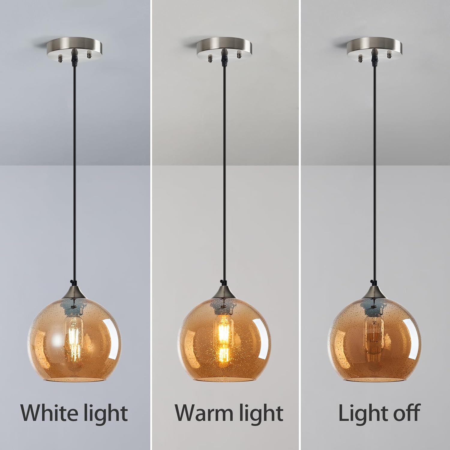 Amber Glass Pendant Lights Kitchen Island Lighting Globe Pendant Light Fixtures Modern Pendant Lighting for Bedroom Living Dining Room Light Fixture (7.87 in, 3 Pack)
