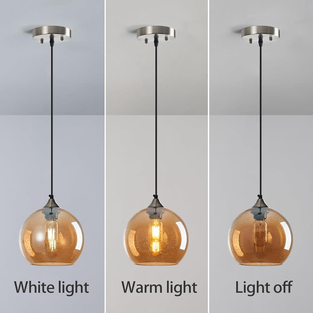 Amber Glass Pendant Lights Kitchen Island Lighting Globe Pendant Light Fixtures Modern Pendant Lighting for Bedroom Living Dining Room Light Fixture (7.87 in, 2 Pack)