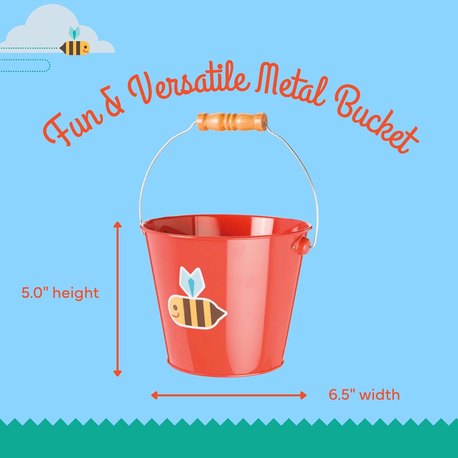 Toysmith Kids Gardening & Beach Bucket – 5″ Metal Pail with Grippable Handle | Assorted Bee & Beetle Colors | Durable Steel for Outdoor Play - 1 Count