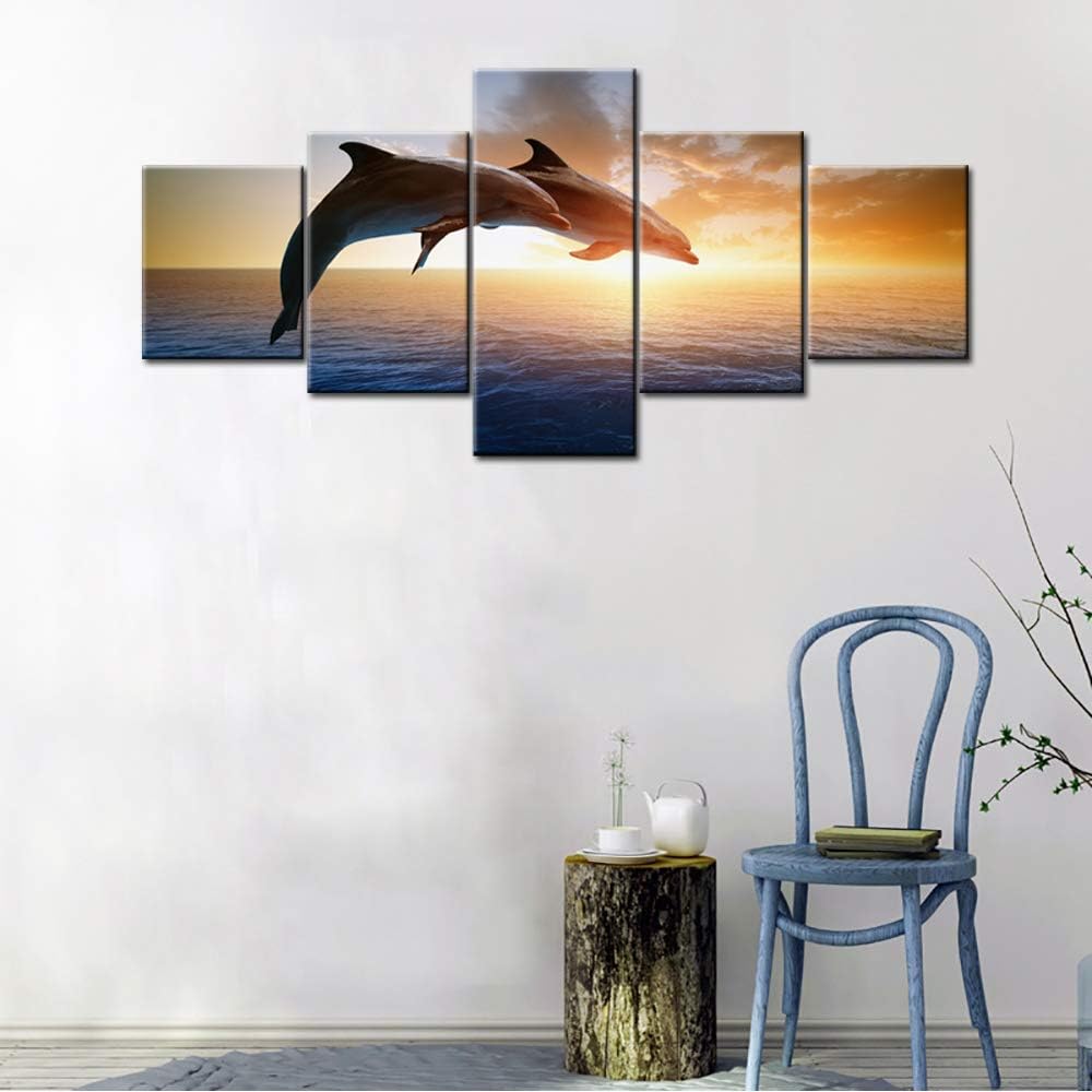 House Decorations Living Room Jumping Couple Dolphins Fish Pictures Sea Sunset Paintings Multi Panel Canvas Wall Art Undersea Animal Artwork Framed Giclee Ready to Hang Poster and Prints(50''Wx24''H)