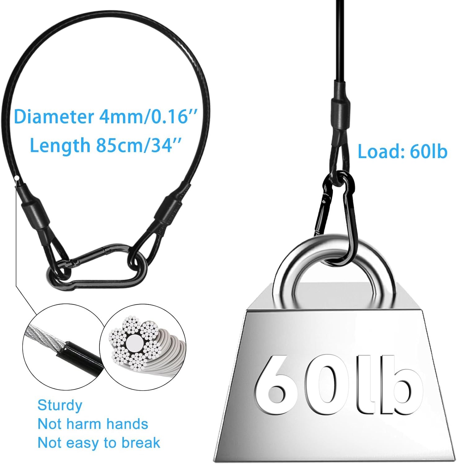 4Pack Black Chain Hanging Safety Cables with Hook Truss Clamps for Lights, Stainless Steel Lanyard Stage Lights Safety Chains, Security Cable with Loops（Diameter 4mm/0.16'',Length 85cm/34'',Load 60lb