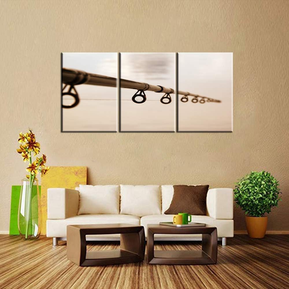 3 Panel Wall Art Angling Lines Pictures Fishing Tackle Paintings Living Room House Decorations Printed on Brown Canvas Giclee Contemporary Artwork Stretched and Framed Ready to Hang Gift(60''WX28''H)