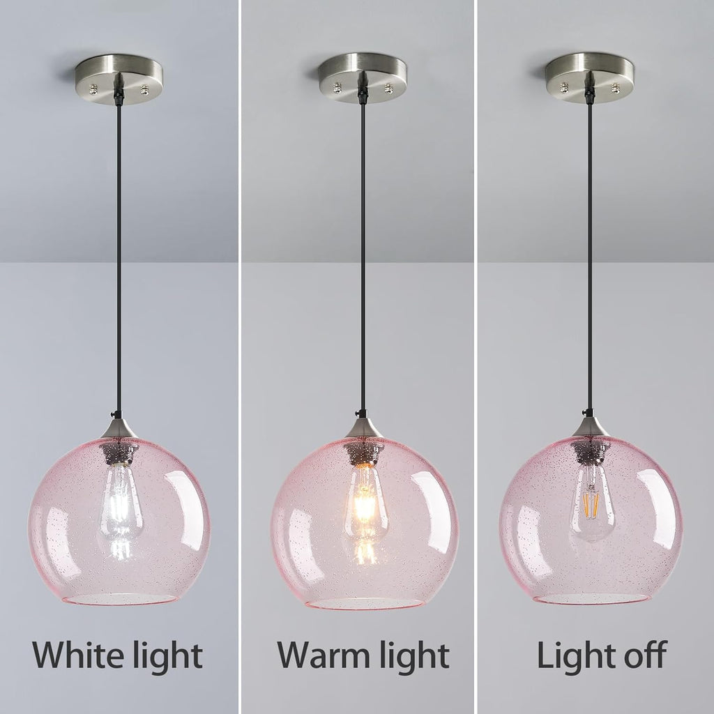 Pink Glass Pendant Lights Kitchen Island Globe Pendant Light Fixtures Modern Pendant Lighting for Bedroom Living Dining Room Light Fixture (9.84 in, 1 Pack)