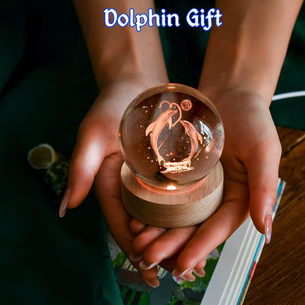 Dolphin Gift 3D Dolphins Figurines in Crystal Ball 60mm Laser Engraved Glass Sphere Home Decor with Wooden Light Base