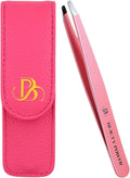 Professional Tweezers in Case - Slant, Durable Lightweight German Stainless Steel, Ultra Precision Tweezers for Eyebrows, Facial Hair, Chin, and Ingrown Hair Removal - Gift (Pink)
