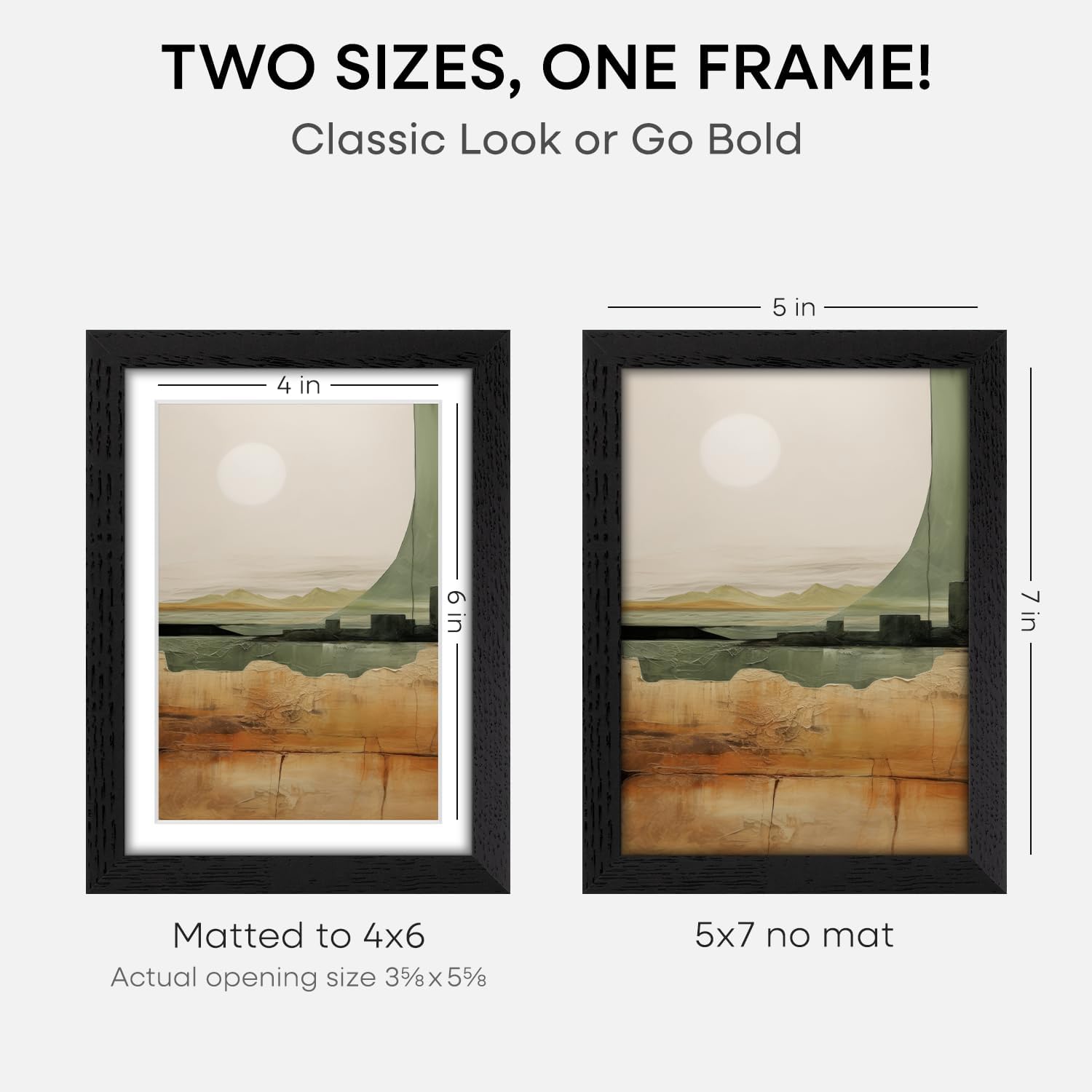Homeforia 5x7 Picture Frame Black Wood, High End Oak 5by7 Black Wooden Frames with Mat 4x6 Print, 5 x 7 Frame Matted to 4 x 6 inch Photo, 7x5 Wall or Tabletop Frame, Tempered Glass, Wall Kit, Set of 2