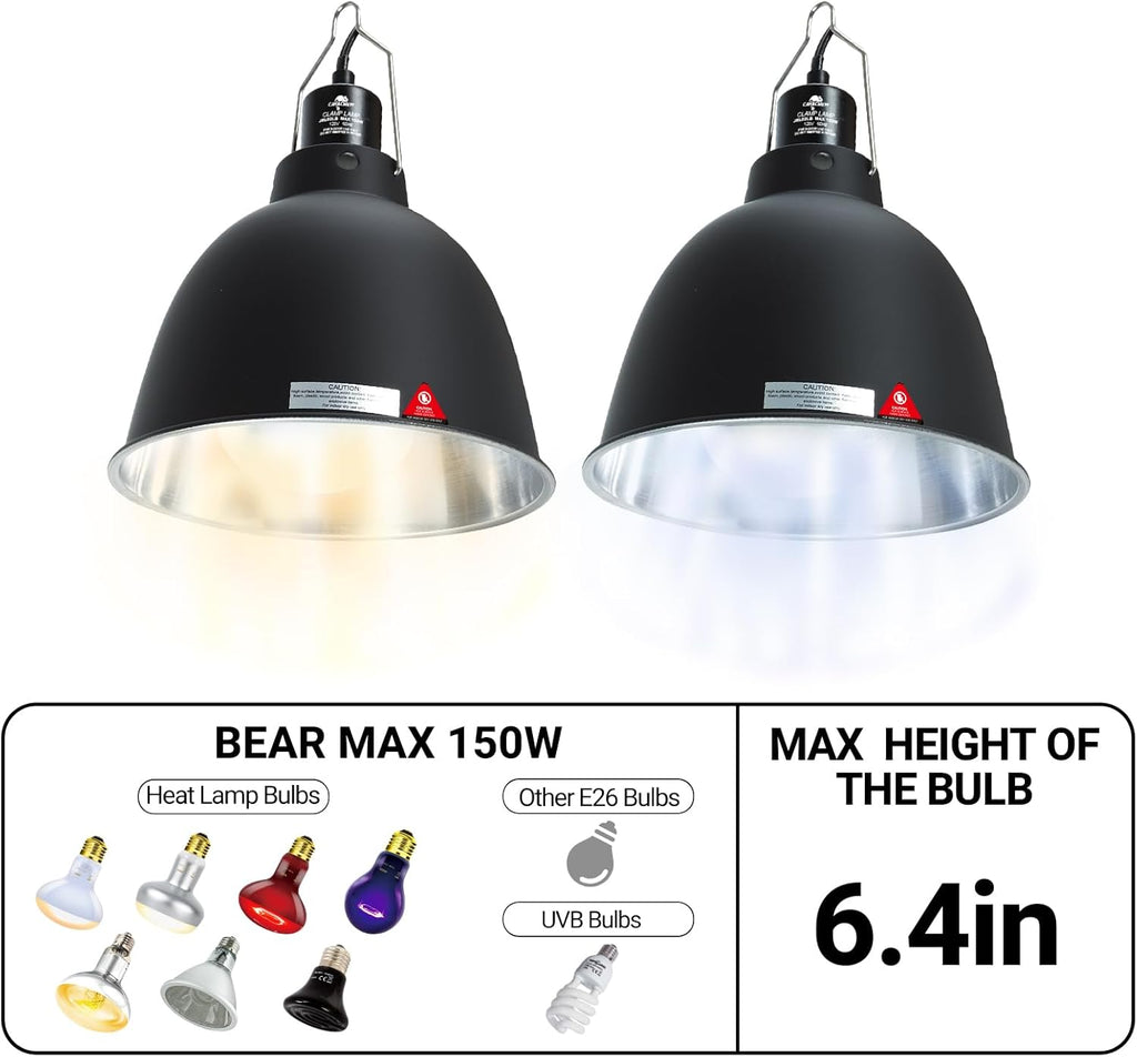 2 Pack Reptile Light Fixture, 8.1in Deep Dome Reptile Heat Lamp Fixture with Switch, Dual Terrarium UVB Basking Light Fixture for Bearded Dragon Snake Lizard, Suitable for E26 Bulb Up to 150W