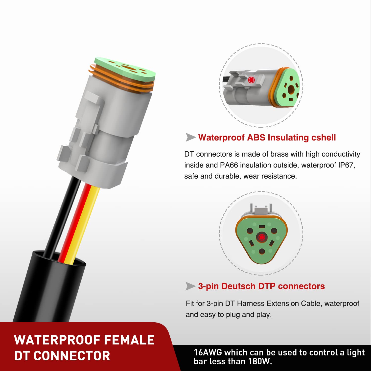 Nilight 2 PCS 16 AWG 10 Feet 3 Pin DT Connector Wiring Harness Extension Kit Plug and Play for Dual Mode Off Road LED Pod Lights Bar DRL Driving Auxiliary Reverse Boat Light