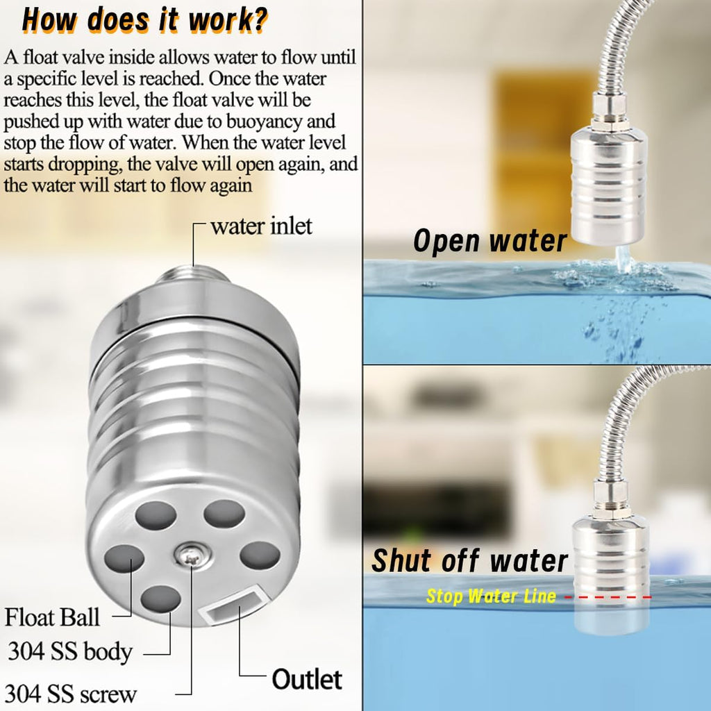 Float Valve, 1/2" to 3/4" 1" 304 Stainless Steel Fully Automatic Water Level Controller, Automatic Water Level Control Float Valve for Water Tank, Livestock Troughs, Pool, Distiller