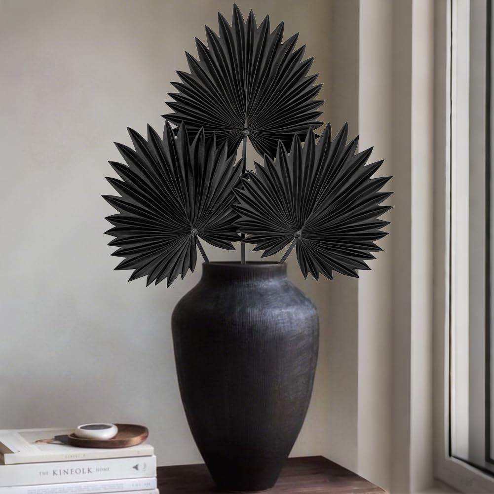 DILATATA 3PCS Large Black PU Foam Artificial Palm Leaves – Faux Tropical Palm Fronds for DIY Wedding Bouquets, Centerpieces, Bridal Shower, Party & Home Decor Arrangements