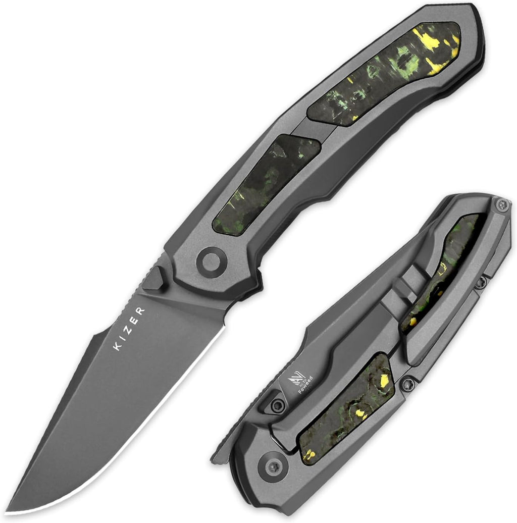 Kizer Feweed Pocket Knife, 2.98" S90V Clip Point Blade Folding Knife with Titanium & Fat Carbon Toxic Storm Handle, Front Flipper & Thumb Stud Opener EDC Knives for Camping Hiking KI3694A2