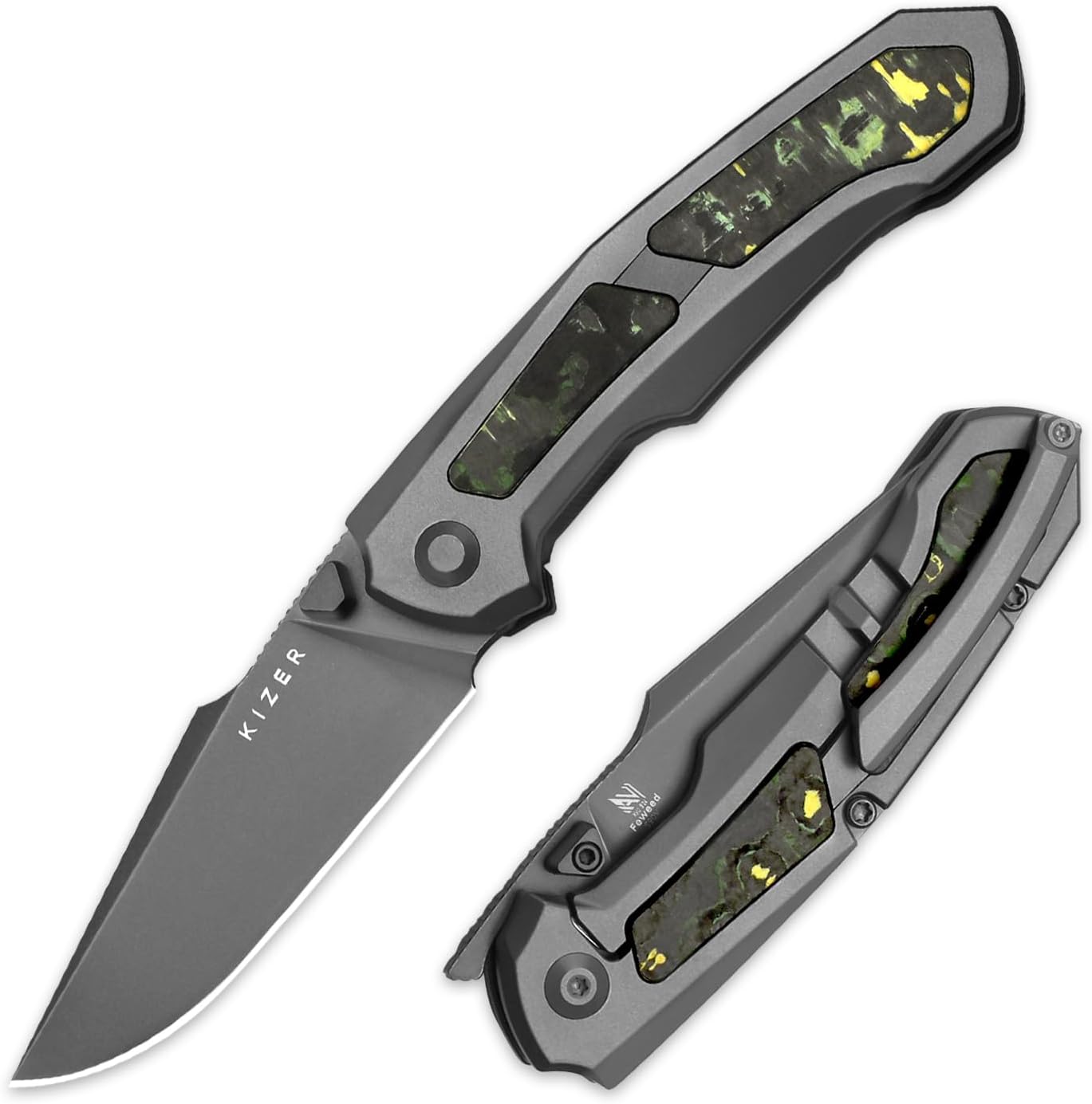 Kizer Feweed Pocket Knife, 2.98" S90V Clip Point Blade Folding Knife with Titanium & Fat Carbon Toxic Storm Handle, Front Flipper & Thumb Stud Opener EDC Knives for Camping Hiking KI3694A2