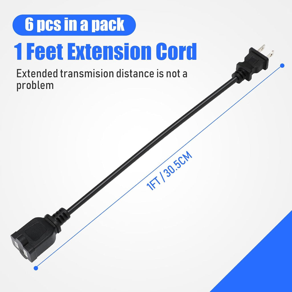 Kanayu 6pcs Black 2 Prong Extension Cords, Male and Female Power Cables, Flexible for Home, Office and Christmas Lights (1ft)