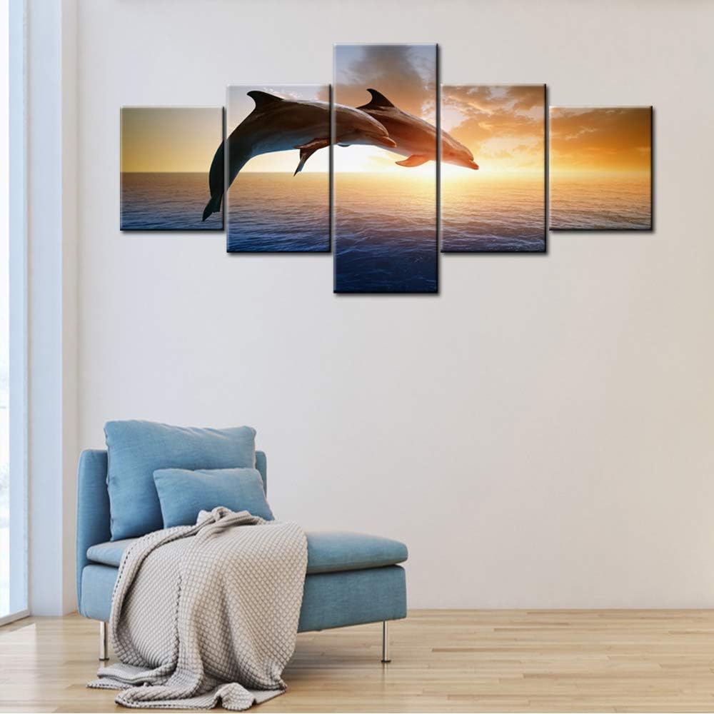 House Decorations Living Room Jumping Couple Dolphins Fish Pictures Sea Sunset Paintings Multi Panel Canvas Wall Art Undersea Animal Artwork Framed Giclee Ready to Hang Poster and Prints(50''Wx24''H)