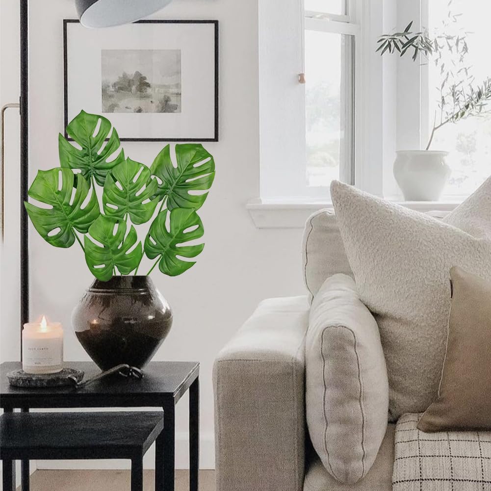 Hollyone 6 Pack Artificial Monstera Leaves with Stems Real Touch Faux Monstera Turtle Safari Leaf Fake Palm Tropical Plants for Vase Hawaiian Luau Party Jungle Beach Table Home Wedding Kitchen Decor