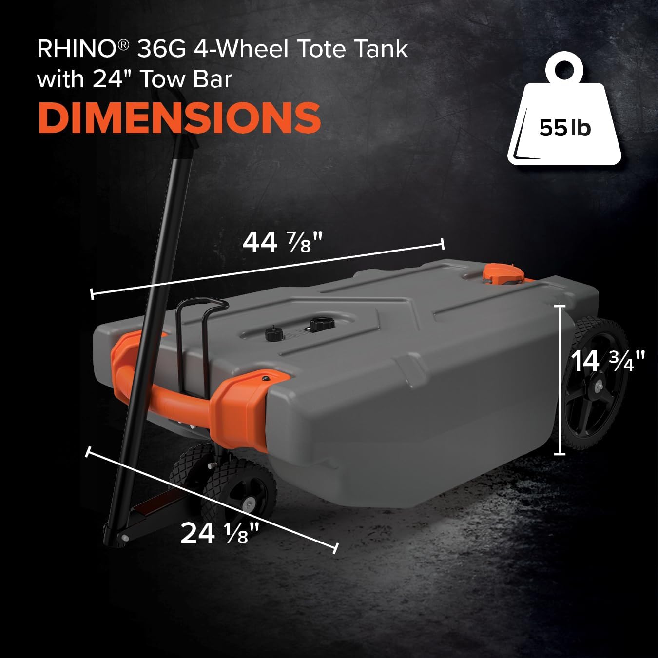 Camco Rhino 36-Gallon Portable RV Tote Tank - Features 2 Steerable No-Flat Front Wheels & Built-in Gate Valve - Includes Removable 24" Tow Bar, 3’ Sewer Hose & More RV Accessories (39007)