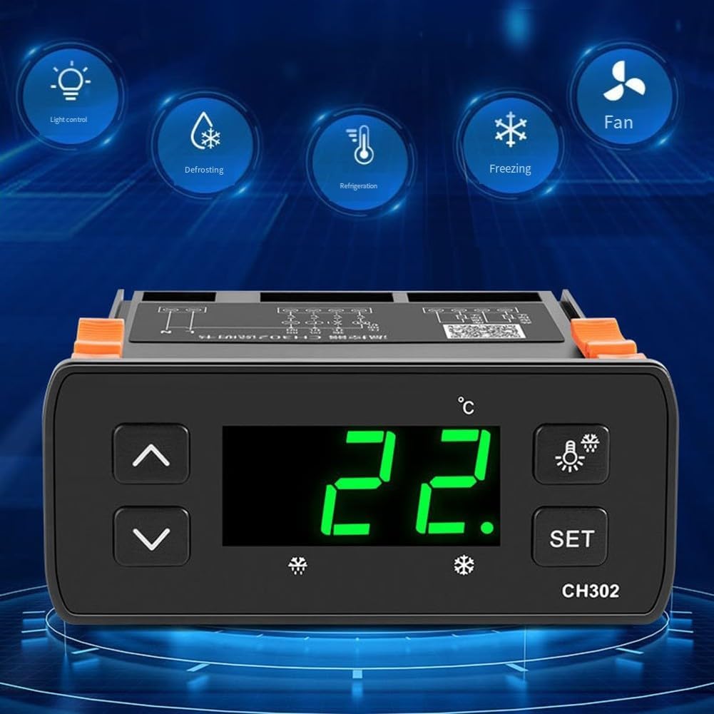 FABULETTA KWS-CH302 Intelligent Temperature Controller with Dual Sensor for Refrigeration, Defrosting and Alarm, AC110V/AC220V, Digital Thermostat for Industrial PLC Module Integration