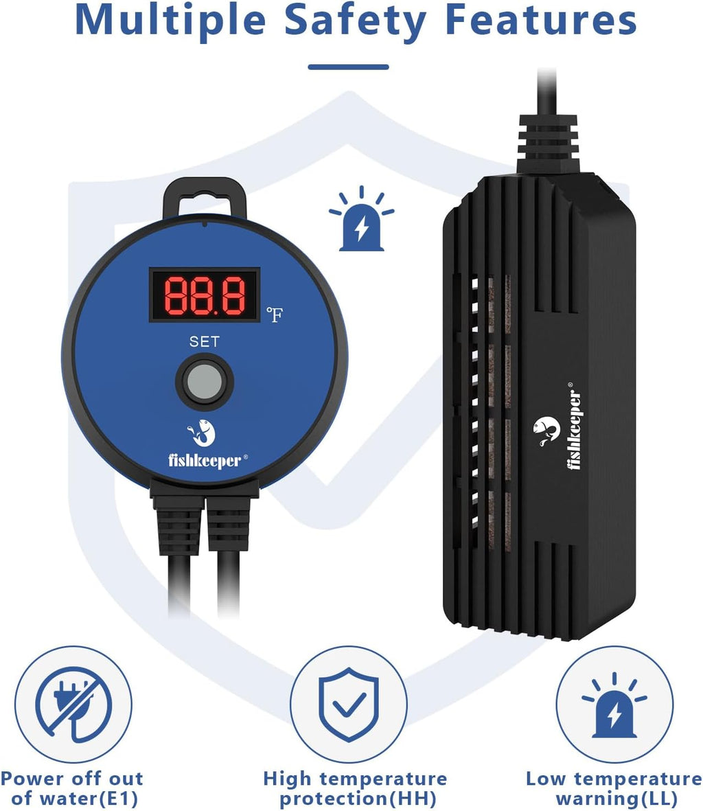 fishkeeper Small Aquarium Heater, Submersible Betta Fish Tank Heater 50W with LED Digital Display Controller Adjustable Temperature for Saltwater and Freshwater(5-14 Gallon)