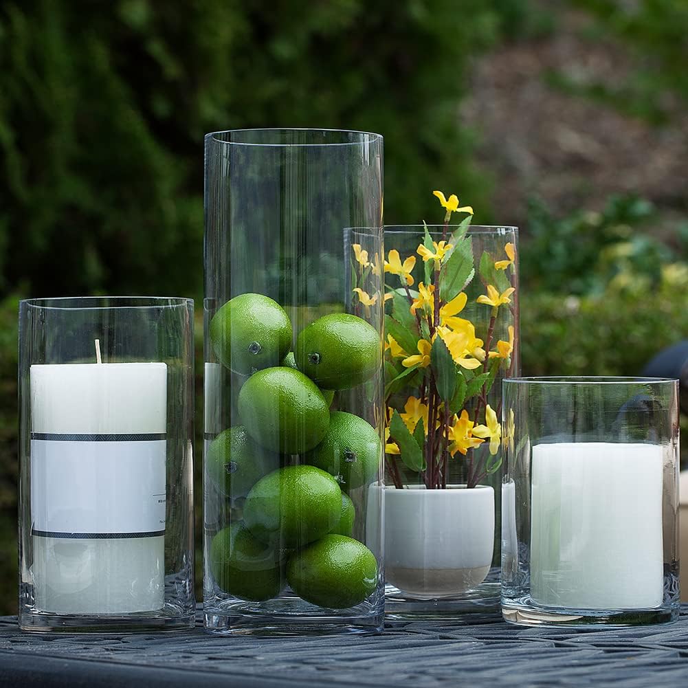 Enova Floral Clear Glass Flower Vase, 4W x 12H Inches Cylinder Vase, Pillar Candle Floating Candle Holders, Tall Cylinder Glass Vase for Flowers, Round Glass Vase for Home Decor, Wedding (Pack 4)