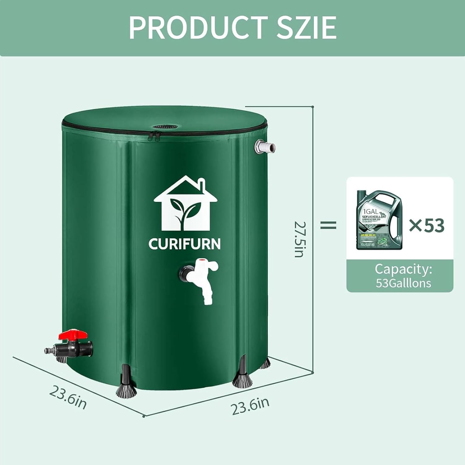 53Gal Collapsible Rain Barrel, Weatherproof Water Tank with Filter, Spigot & Overflow Kit (Reinforced Liner+Thickened Legs),Green