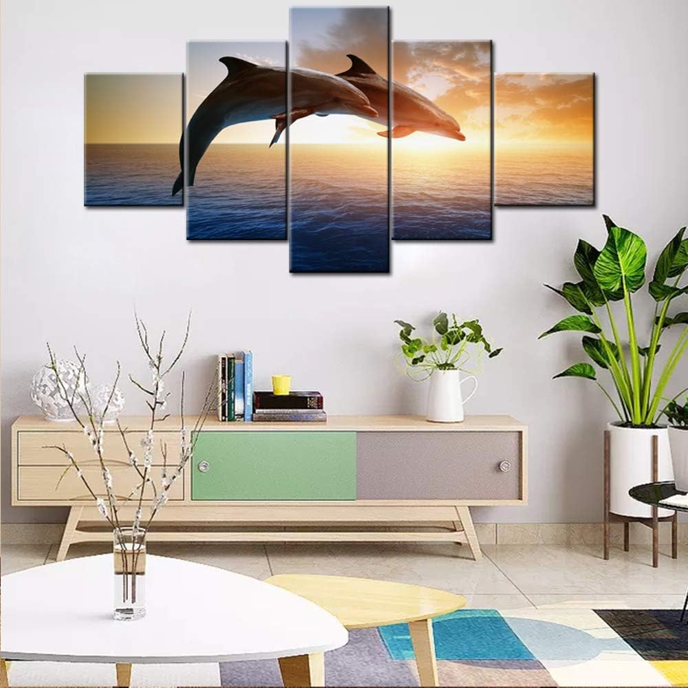 Wall Art for Living Room Two Dolphins over Sea Pictures Marine Wildlife Paintings 5 Piece Printed on Canvas Sunset Red Artwork House Modern Decor Framed Gallery-Wrapped Ready to Hang(60''Wx32''H)