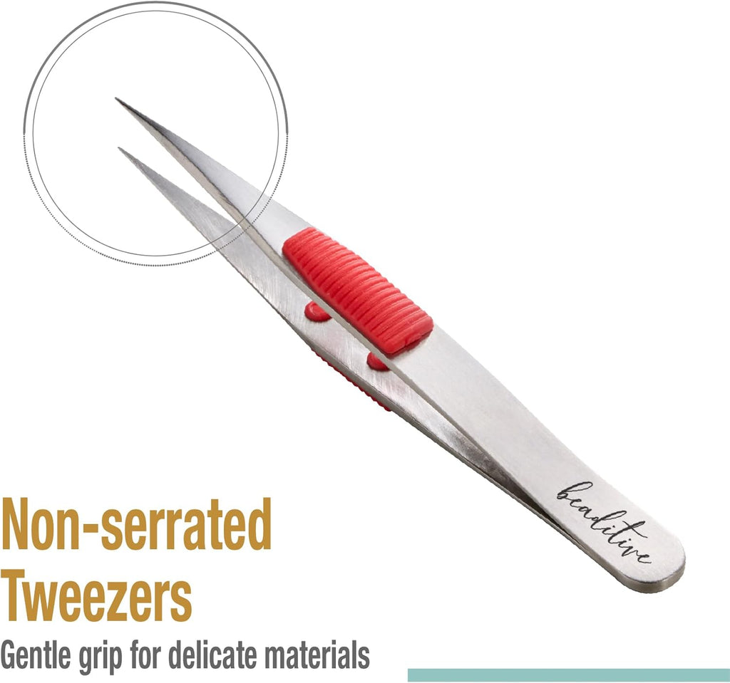 Beaditive High Precision Heavy-Duty Tweezers With Cushion - 4.7" Craft Tweezers for Sewing, Beading & DIY Crafts - Non-Serrated, Fine Point Tips - Stainless Steel Needle Nose Hobby Tweezers (Fuchsia)