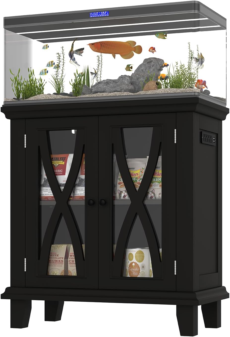 20 Gallon Fish Tank Stand with Cabinet Storage and Power Outlets (4 AC 2 USB), Modern Aquarium Cabinet with Adjustable Shelves, MDF Frame, 298LBS Capacity, Black