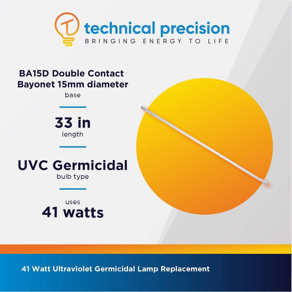 Technical Precision 41W Ultraviolet Germicidal Lamp Replacement for Aquafine 17491 / 17491LM UV Lamp Sterilizer for Water Treatment Facilities - Single Ended Bi-Pin Winged Base - Clear Finish