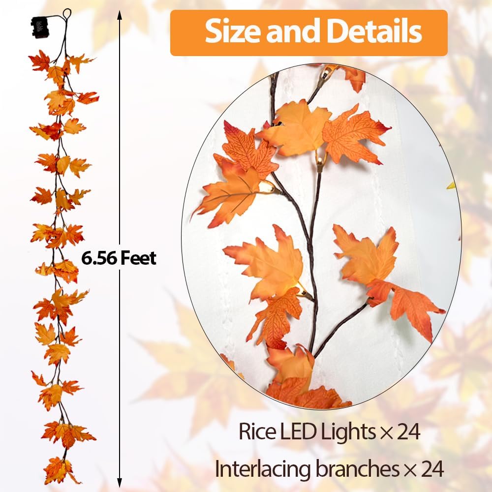 6.56FT Lighted Fall Garland with Lights 24 Warm White LED Battery Operated with Time Maple Leaf Vine Garland Lights Wreath for Mantle Fireplace Door Home Thanksgiving Harvest Decoration Indoor Outdoor