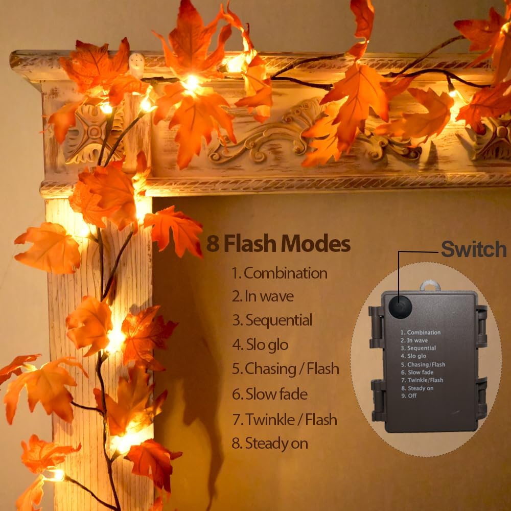 6.56FT Lighted Fall Garland with Lights 24 Warm White LED Battery Operated with Time Maple Leaf Vine Garland Lights Wreath for Mantle Fireplace Door Home Thanksgiving Harvest Decoration Indoor Outdoor