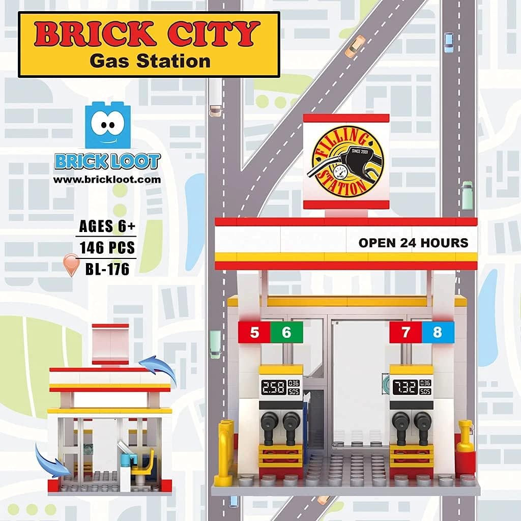 Brick Loot Mini City Gas Fuel Station Building Set – 146-Piece DIY Toy Kit for Kids & Adults, Custom Designed, Lego-Compatible Brick Model with Realistic Pumps, Ideal for Creative Play & Display
